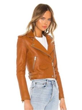 Women's Cropped Ashville Tan Leather Moto Jacket